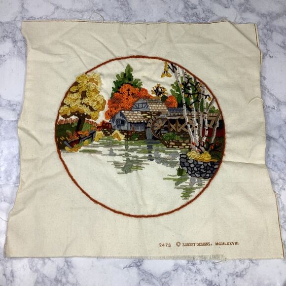 Vintage Mabry Mill Fall Autumn Needlepoint Tapestry Fabric Panel 19" x 20" - Picture 1 of 7